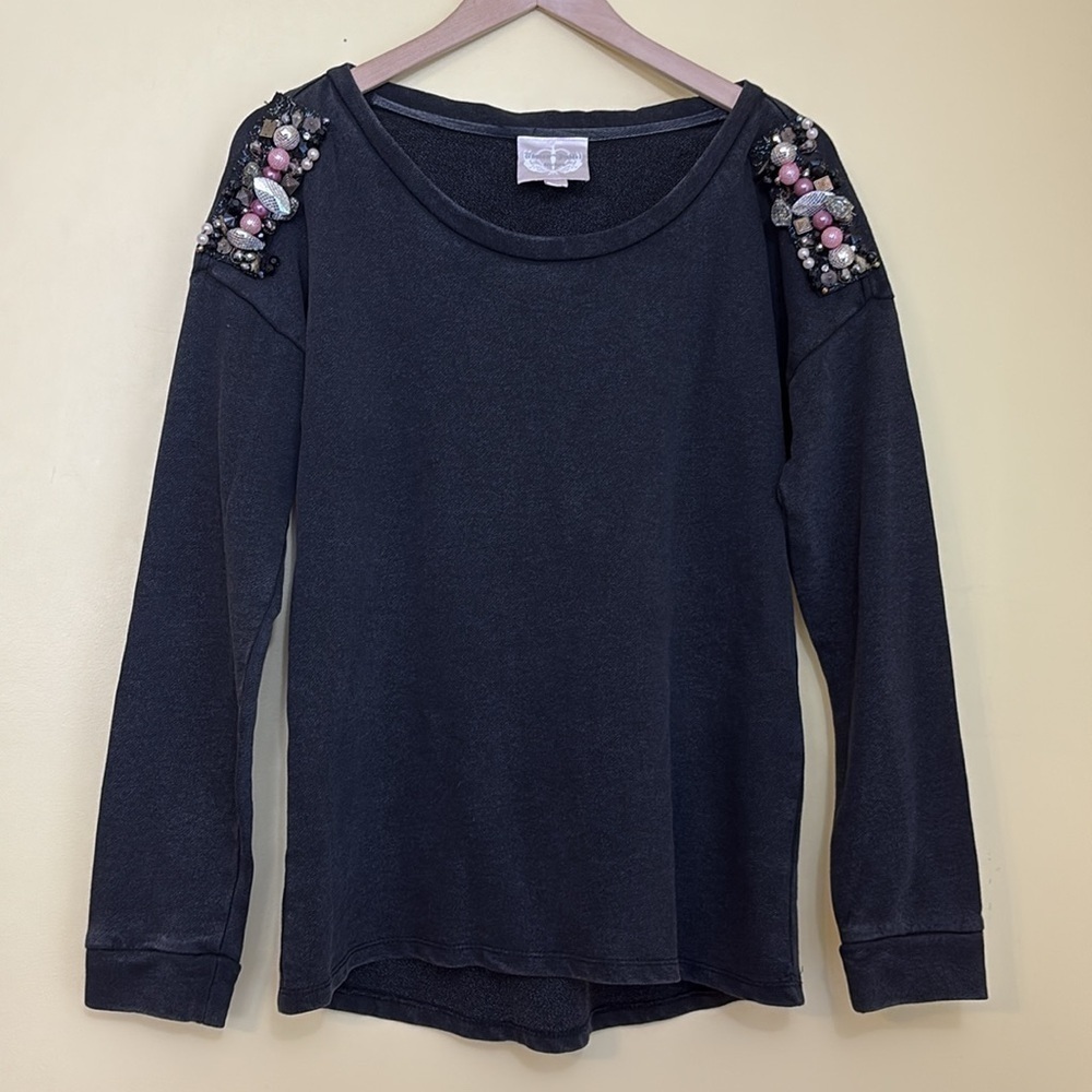 Romeo & Juliet Couture | Charcoal Cotton Beaded Pearl Sweatshirt Boho Top S